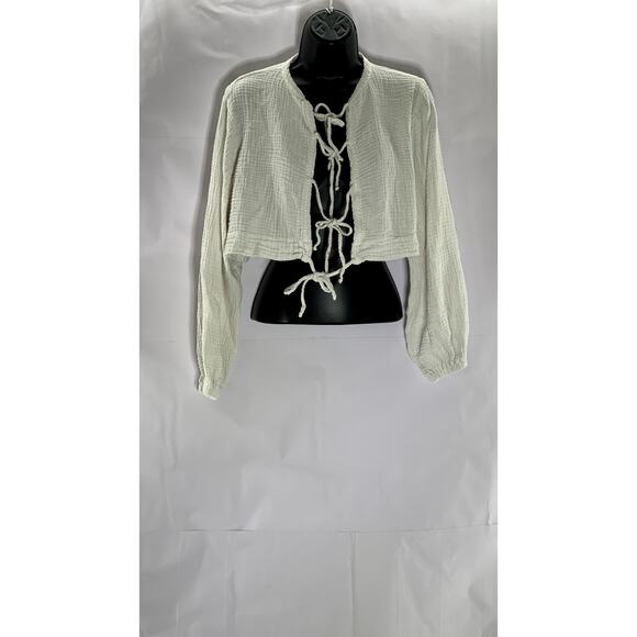 BOHEME Women's White Cotton Gauze Tie-Front Long Balloon Sleeve Top SZ 1(US0-4)